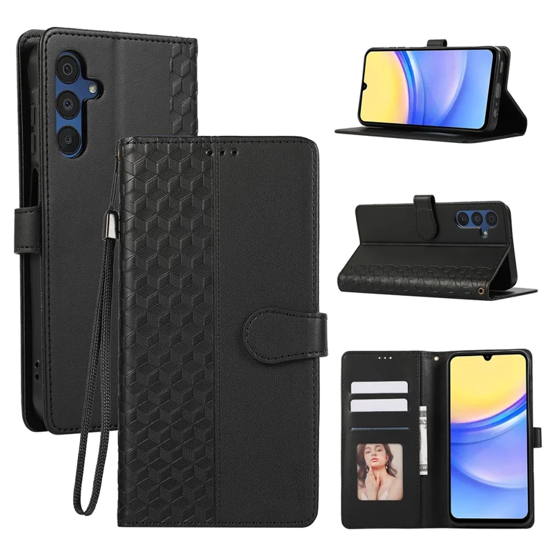 Étui en cuir pour Samsung Galaxy A17 / A26 5G / A16 5G / A16 4G avec motif géométrique en losange, pochette pour téléphone avec dragonne - Noir