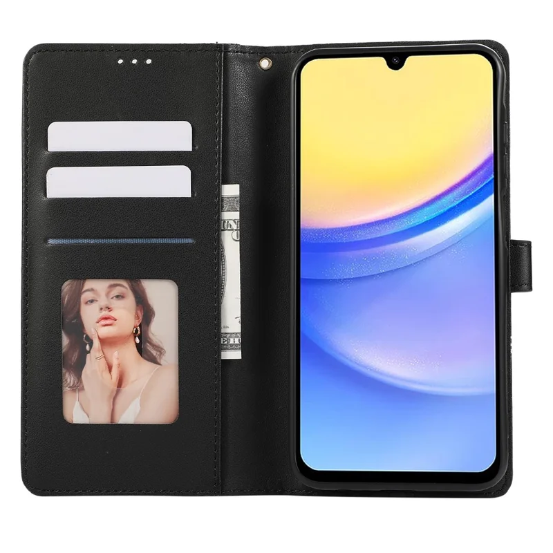 Étui en cuir pour Samsung Galaxy A17 / A26 5G / A16 5G / A16 4G avec motif géométrique en losange, pochette pour téléphone avec dragonne - Noir