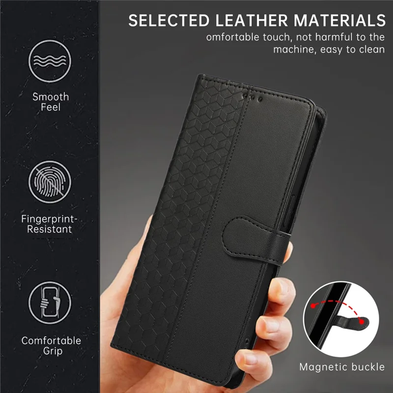 Étui en cuir pour Samsung Galaxy A17 / A26 5G / A16 5G / A16 4G avec motif géométrique en losange, pochette pour téléphone avec dragonne - Noir