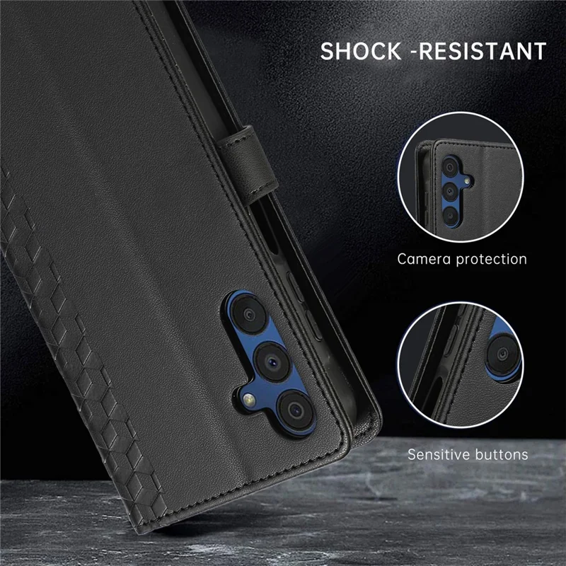 Étui en cuir pour Samsung Galaxy A17 / A26 5G / A16 5G / A16 4G avec motif géométrique en losange, pochette pour téléphone avec dragonne - Noir