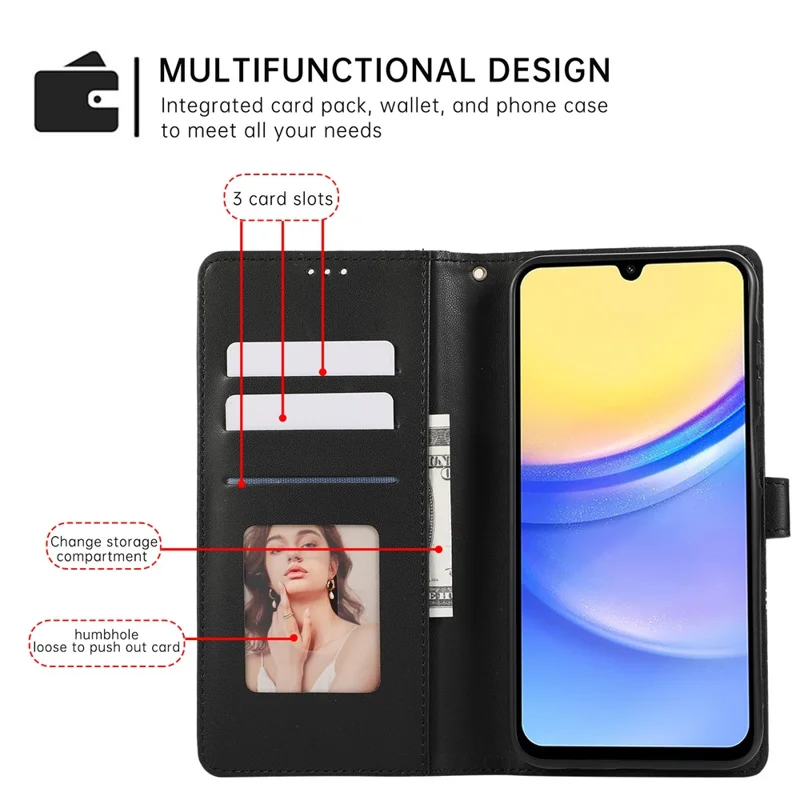 Étui en cuir pour Samsung Galaxy A17 / A26 5G / A16 5G / A16 4G avec motif géométrique en losange, pochette pour téléphone avec dragonne - Noir