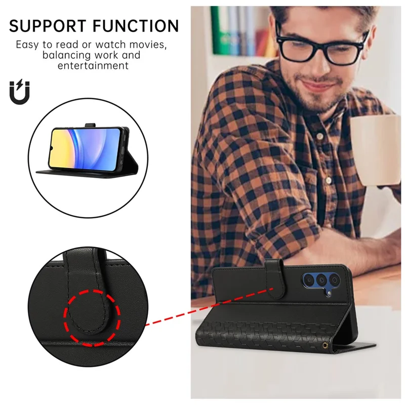 Étui en cuir pour Samsung Galaxy A17 / A26 5G / A16 5G / A16 4G avec motif géométrique en losange, pochette pour téléphone avec dragonne - Noir