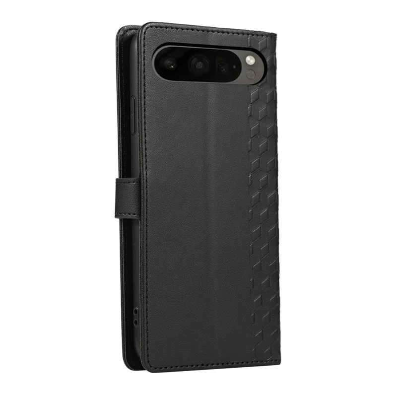 Leather Case For Google Pixel 10 Pro  /  10  /  9 Pro  /  9 3D Rhombus Grid Imprinted Wallet Phone Cover with Lanyard - Black