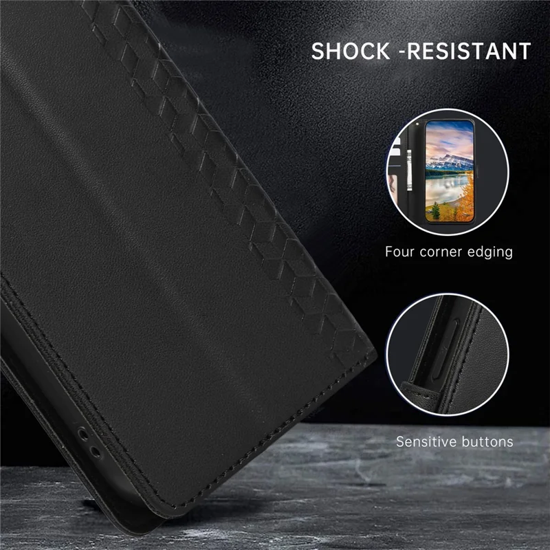 Leather Case For Google Pixel 10 Pro  /  10  /  9 Pro  /  9 3D Rhombus Grid Imprinted Wallet Phone Cover with Lanyard - Black