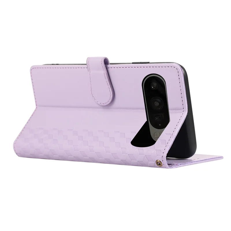 For Google Pixel 10 Pro XL  /  9 Pro XL Case 3D Rhombus Grid Imprinted Wallet Leather Phone Cover with Lanyard - Purple