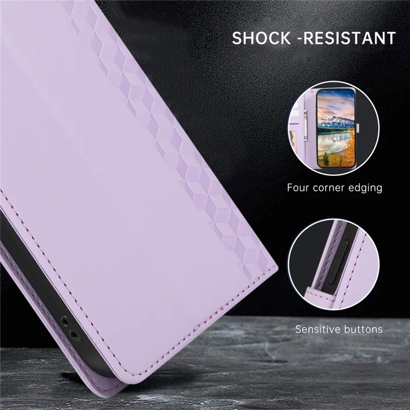 For Google Pixel 10 Pro XL  /  9 Pro XL Case 3D Rhombus Grid Imprinted Wallet Leather Phone Cover with Lanyard - Purple