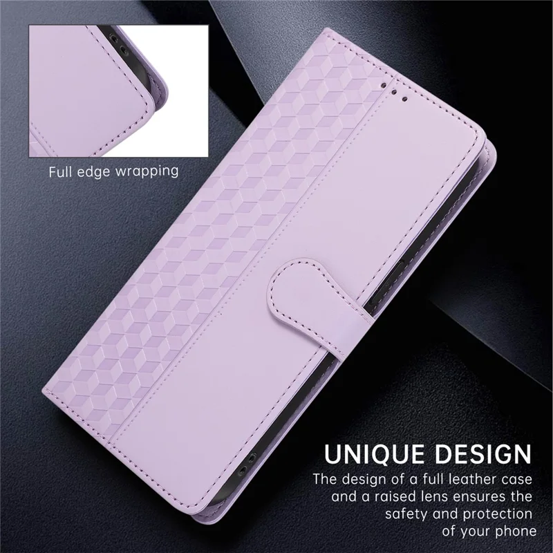 For Google Pixel 10 Pro XL  /  9 Pro XL Case 3D Rhombus Grid Imprinted Wallet Leather Phone Cover with Lanyard - Purple