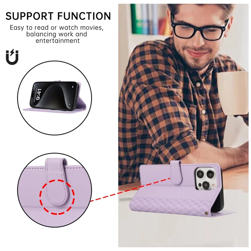 For iPhone 15 Pro Max Case 3D Rhombus Grid Imprinted Wallet Leather Phone Cover with Lanyard - Purple