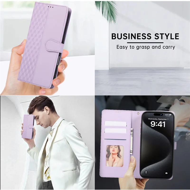 For iPhone 15 Pro Max Case 3D Rhombus Grid Imprinted Wallet Leather Phone Cover with Lanyard - Purple