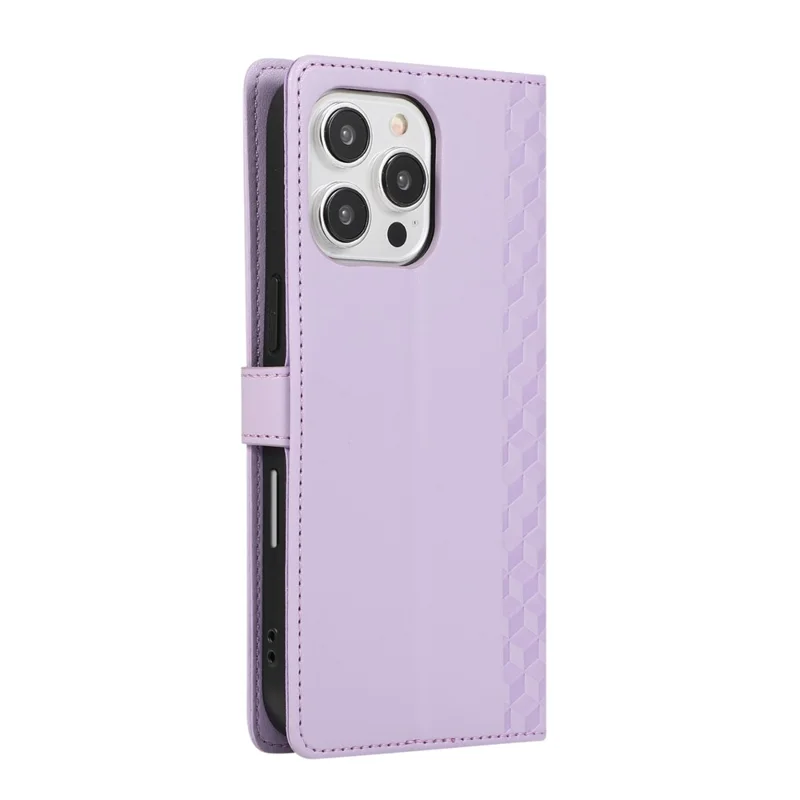 For iPhone 15 Pro Max Case 3D Rhombus Grid Imprinted Wallet Leather Phone Cover with Lanyard - Purple