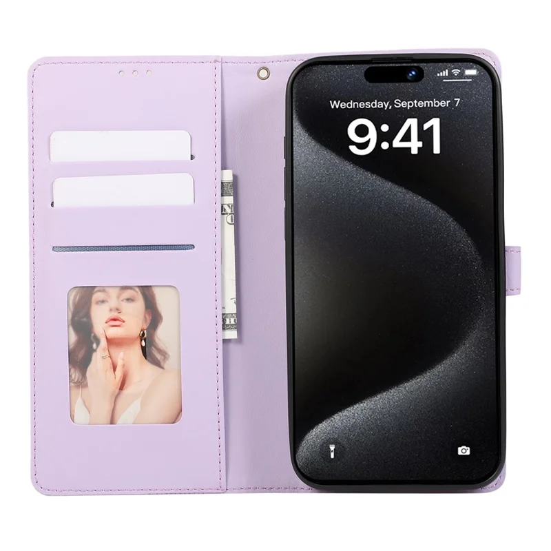For iPhone 15 Pro Max Case 3D Rhombus Grid Imprinted Wallet Leather Phone Cover with Lanyard - Purple