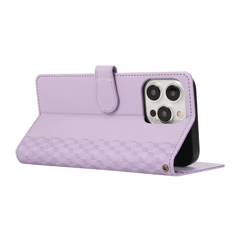 For iPhone 15 Pro Max Case 3D Rhombus Grid Imprinted Wallet Leather Phone Cover with Lanyard - Purple