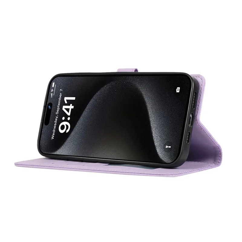 For iPhone 15 Pro Max Case 3D Rhombus Grid Imprinted Wallet Leather Phone Cover with Lanyard - Purple