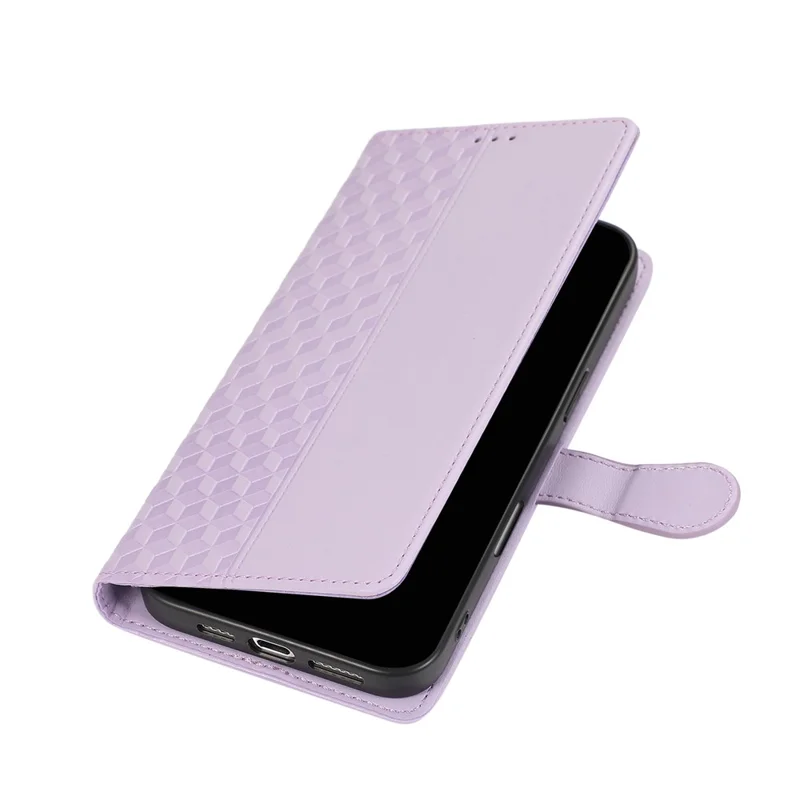 For iPhone 15 Pro Max Case 3D Rhombus Grid Imprinted Wallet Leather Phone Cover with Lanyard - Purple