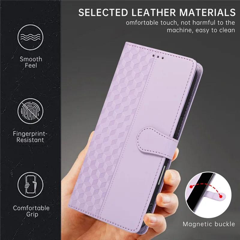For iPhone 15 Pro Max Case 3D Rhombus Grid Imprinted Wallet Leather Phone Cover with Lanyard - Purple