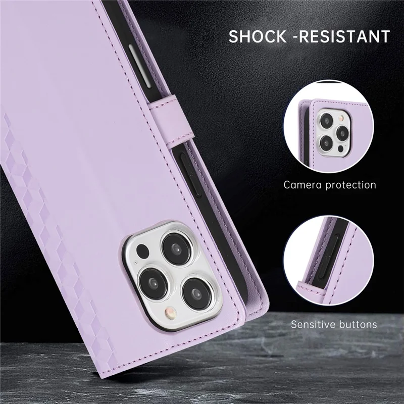 For iPhone 15 Pro Max Case 3D Rhombus Grid Imprinted Wallet Leather Phone Cover with Lanyard - Purple