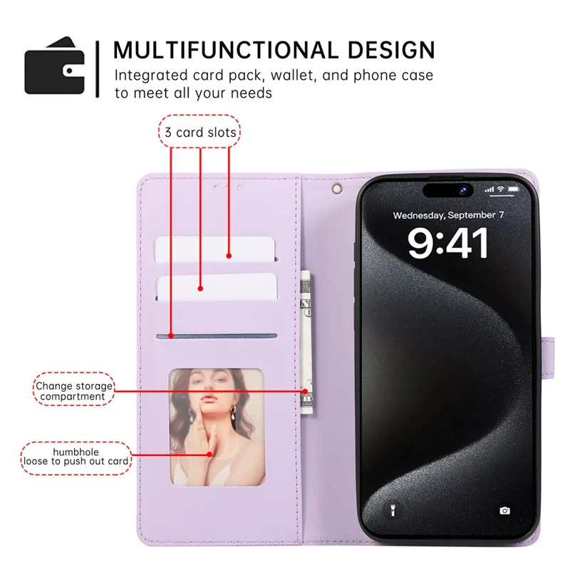 For iPhone 15 Pro Max Case 3D Rhombus Grid Imprinted Wallet Leather Phone Cover with Lanyard - Purple