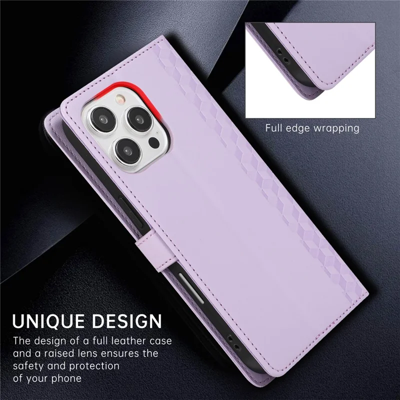 For iPhone 15 Pro Max Case 3D Rhombus Grid Imprinted Wallet Leather Phone Cover with Lanyard - Purple