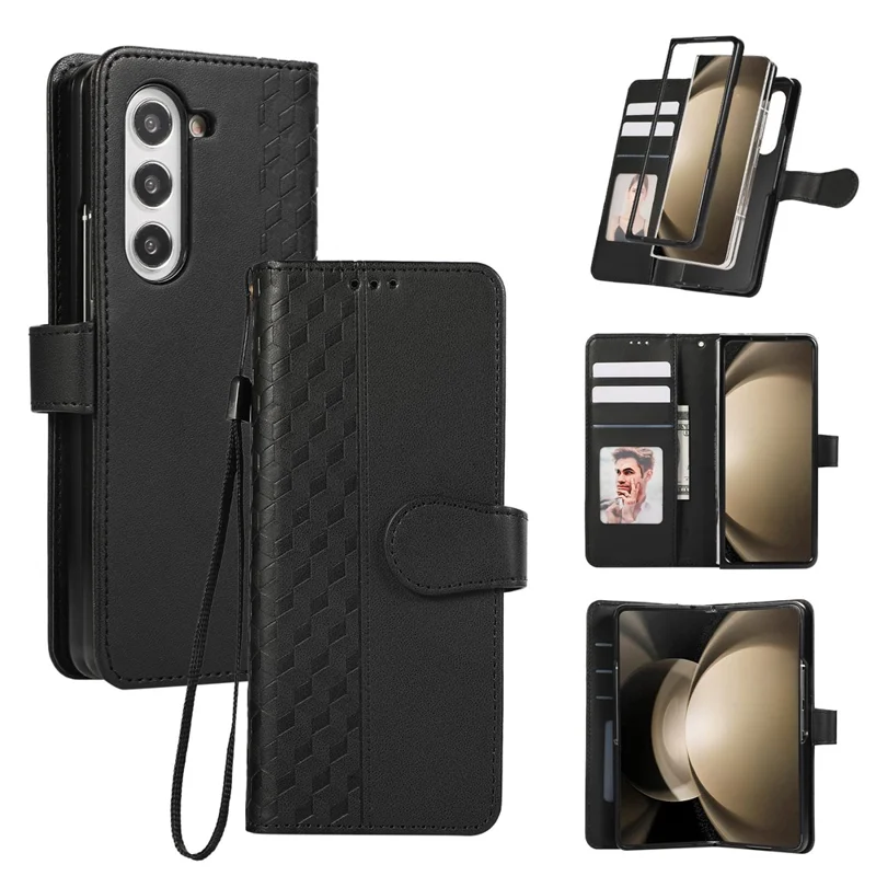 For Samsung Galaxy Z Fold6 5G Case 3D Rhombus Grid Imprinted Wallet Leather Phone Cover with Lanyard - Black