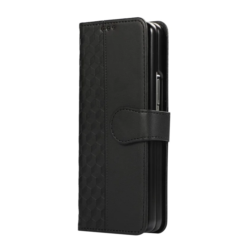 For Samsung Galaxy Z Fold6 5G Case 3D Rhombus Grid Imprinted Wallet Leather Phone Cover with Lanyard - Black