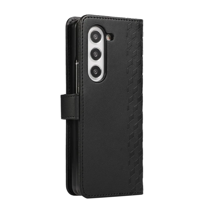 For Samsung Galaxy Z Fold6 5G Case 3D Rhombus Grid Imprinted Wallet Leather Phone Cover with Lanyard - Black