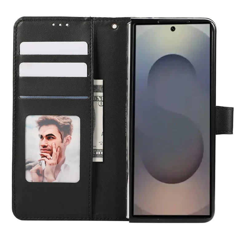 For Samsung Galaxy Z Fold6 5G Case 3D Rhombus Grid Imprinted Wallet Leather Phone Cover with Lanyard - Black