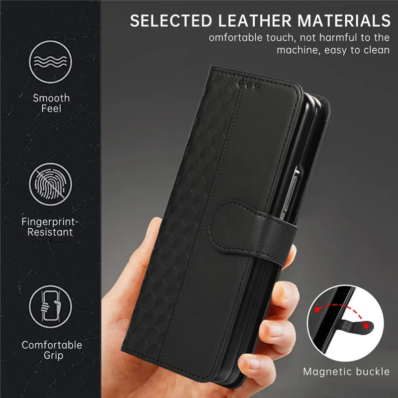 For Samsung Galaxy Z Fold6 5G Case 3D Rhombus Grid Imprinted Wallet Leather Phone Cover with Lanyard - Black