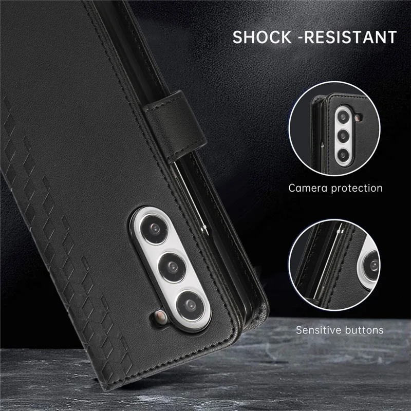 For Samsung Galaxy Z Fold6 5G Case 3D Rhombus Grid Imprinted Wallet Leather Phone Cover with Lanyard - Black
