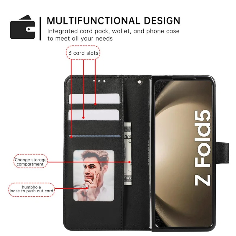 For Samsung Galaxy Z Fold6 5G Case 3D Rhombus Grid Imprinted Wallet Leather Phone Cover with Lanyard - Black