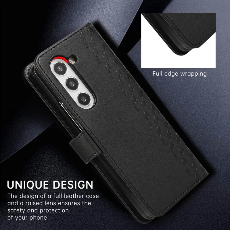 For Samsung Galaxy Z Fold6 5G Case 3D Rhombus Grid Imprinted Wallet Leather Phone Cover with Lanyard - Black
