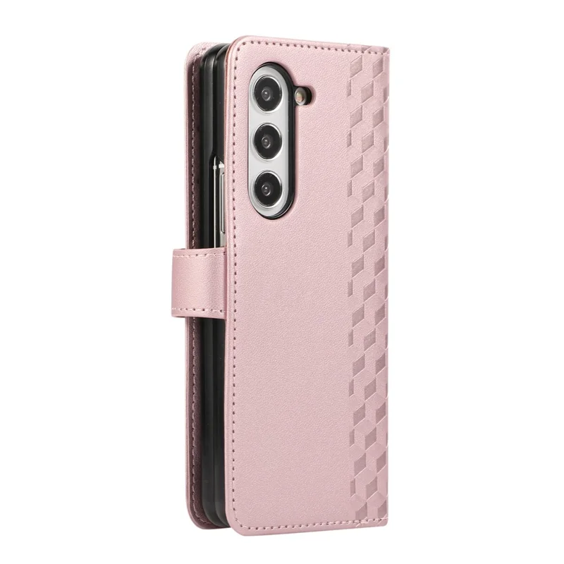 For Samsung Galaxy Z Fold7 5G Case 3D Rhombus Grid Imprinted Wallet Leather Phone Cover with Lanyard - Rose Gold