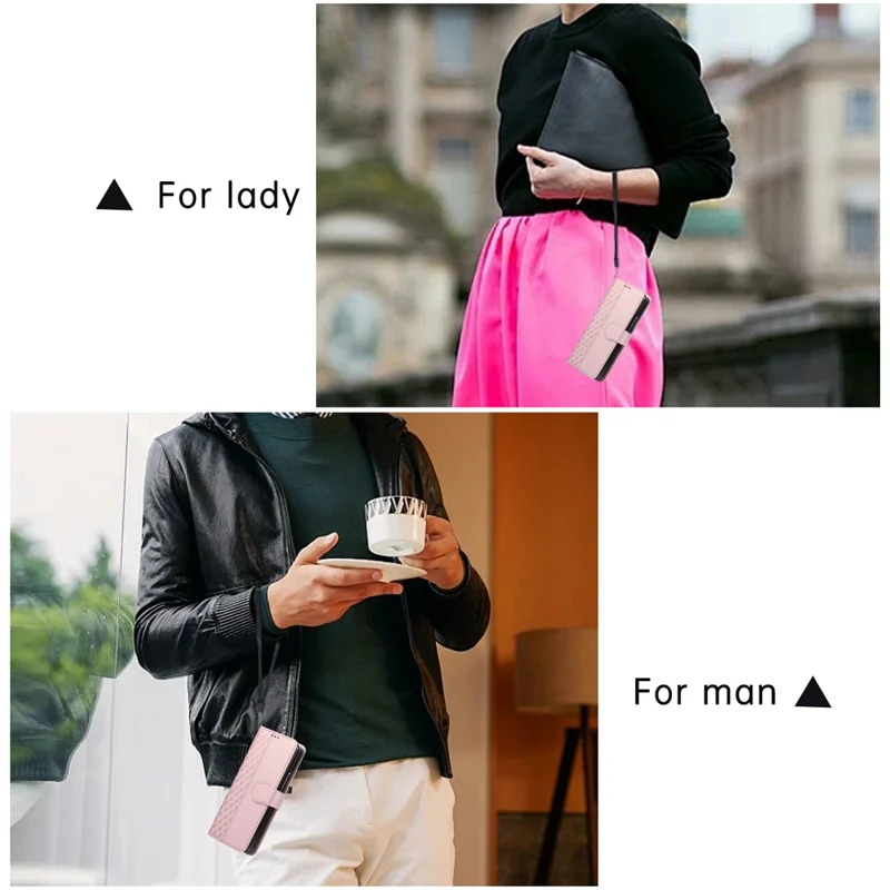 For Samsung Galaxy Z Fold7 5G Case 3D Rhombus Grid Imprinted Wallet Leather Phone Cover with Lanyard - Rose Gold