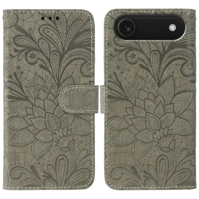 Für iPhone 17 Air Case Spitzenblumen PU-Leder Flip Wallet Handyhülle - Grau