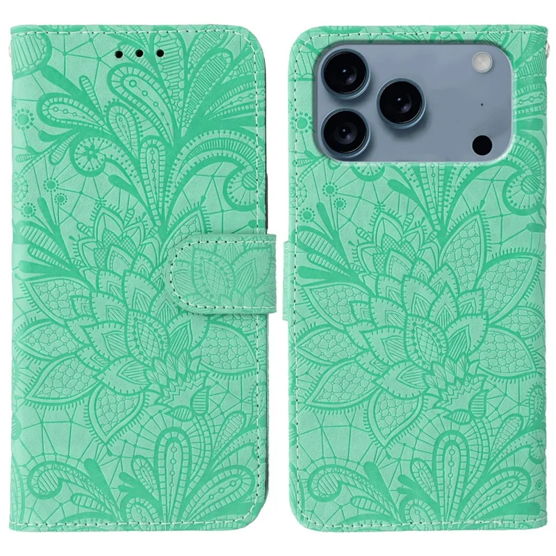 For iPhone 17 Pro Case Lace Flowers PU Leather Flip Wallet Phone Cover - Green