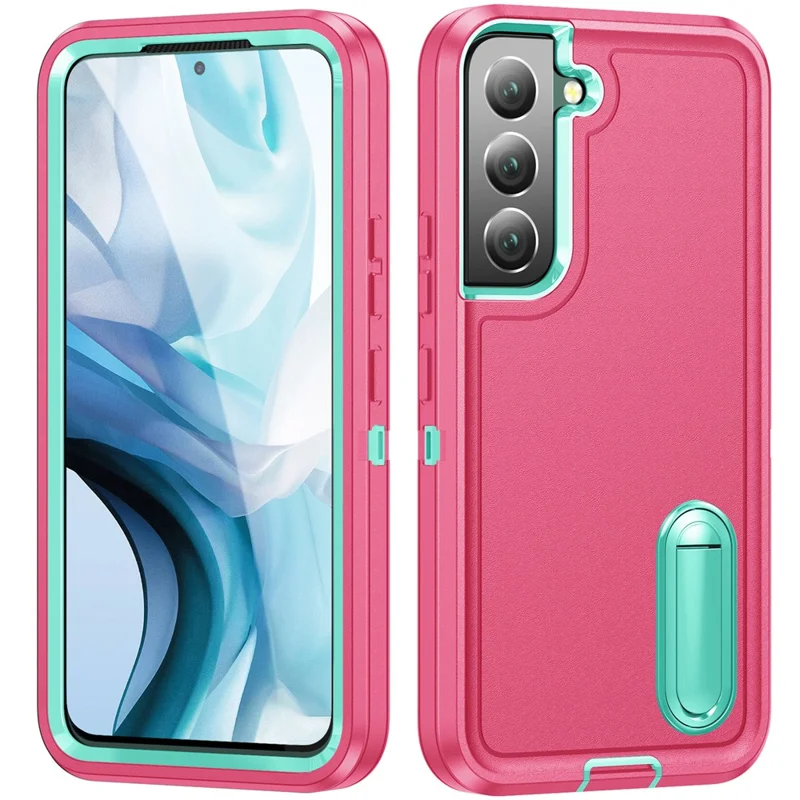Чехол для Samsung Galaxy S22 5G с подставкой, чехол-накладка из поликарбоната + силикона + EVA, 3-в-1 дизайн - Розовый + Светло-бирюзовый
