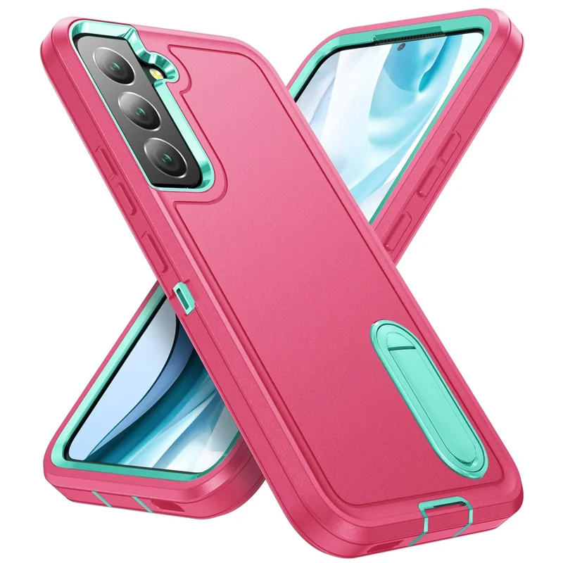 Чехол для Samsung Galaxy S22 5G с подставкой, чехол-накладка из поликарбоната + силикона + EVA, 3-в-1 дизайн - Розовый + Светло-бирюзовый