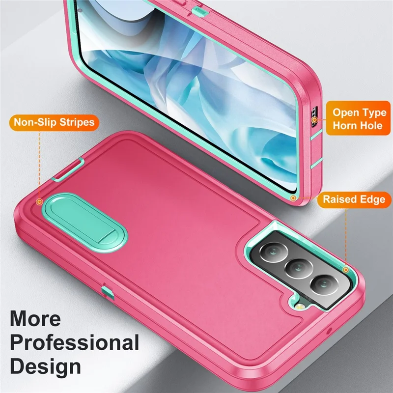 Чехол для Samsung Galaxy S22 5G с подставкой, чехол-накладка из поликарбоната + силикона + EVA, 3-в-1 дизайн - Розовый + Светло-бирюзовый