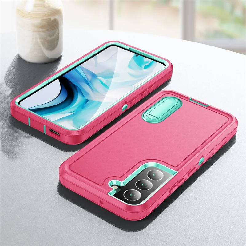 Чехол для Samsung Galaxy S22 5G с подставкой, чехол-накладка из поликарбоната + силикона + EVA, 3-в-1 дизайн - Розовый + Светло-бирюзовый