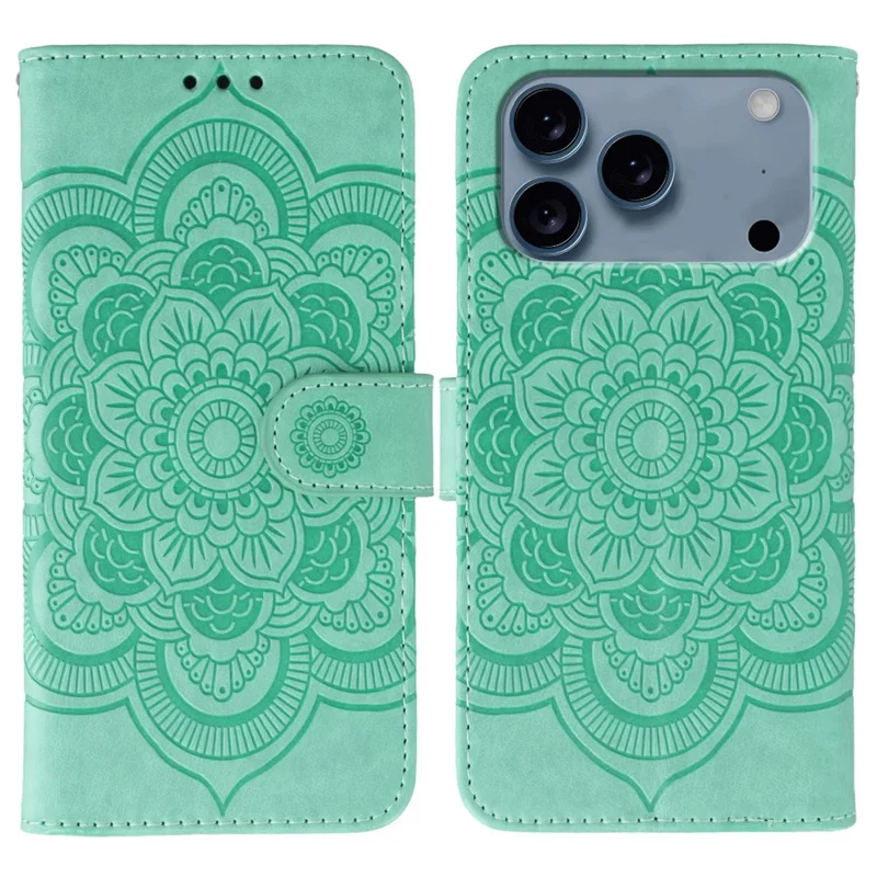 For iPhone 17 Pro Case PU Leather Mandala Imprinted Design Wallet Phone Cover with Wrist Strap - Groen
