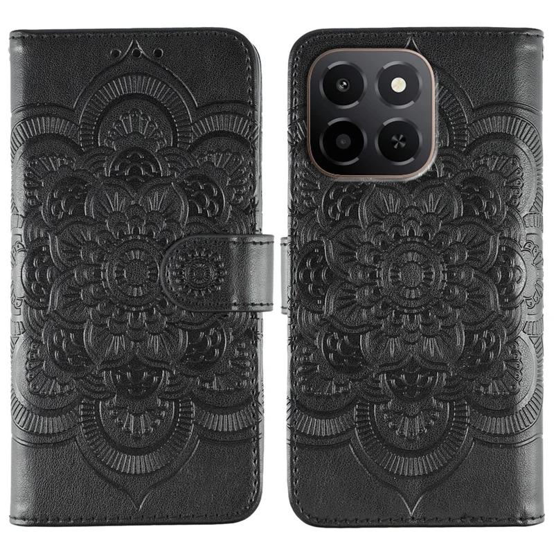 For Honor X6c 4G Case PU Leather Mandala Imprinted Design Wallet Phone Cover with Wrist Strap - Black