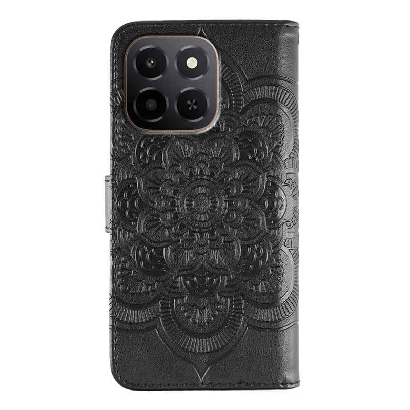 For Honor X6c 4G Case PU Leather Mandala Imprinted Design Wallet Phone Cover with Wrist Strap - Black