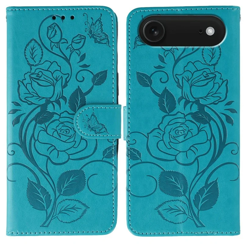 For iPhone 17 Air Case Wallet Stand Imprinted Rose Butterfly PU Leather Phone Cover - Blue