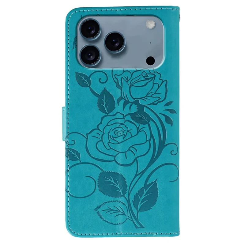 For iPhone 17 Pro Case Wallet Stand Imprinted Rose Butterfly PU Leather Phone Cover - Blue
