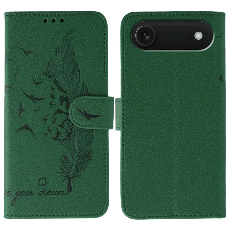 Cover per iPhone 17 Air in Pelle con Custodia a Portafoglio e Stampa a Piuma - Verde