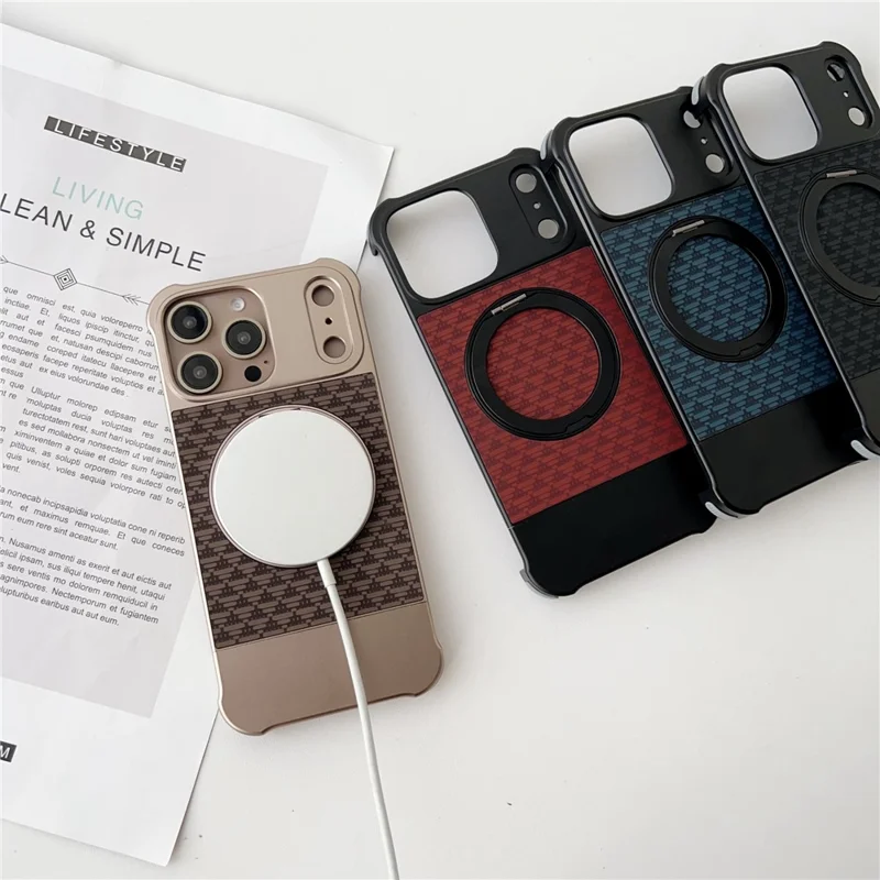 For iPhone 15 Pro Max Magnetic Case Kickstand Lens Upgrade Design Metal Carbon Fiber Phone Cover - Gold