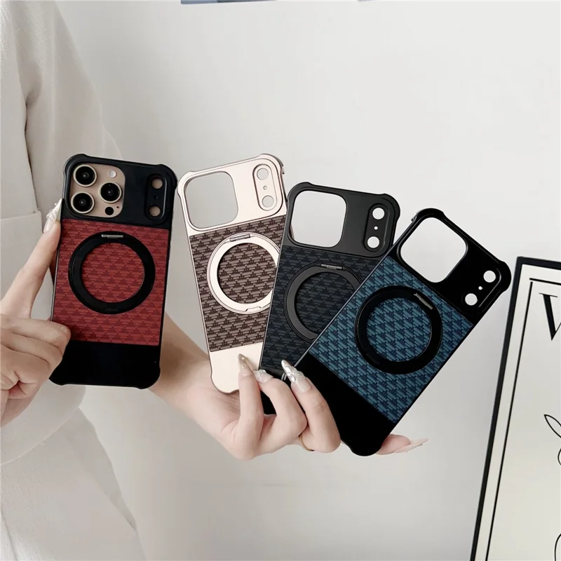 For iPhone 15 Pro Max Magnetic Case Kickstand Lens Upgrade Design Metal Carbon Fiber Phone Cover - Gold