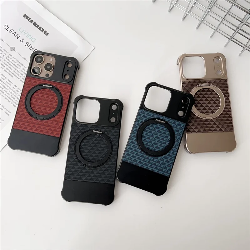 For iPhone 15 Pro Max Magnetic Case Kickstand Lens Upgrade Design Metal Carbon Fiber Phone Cover - Gold