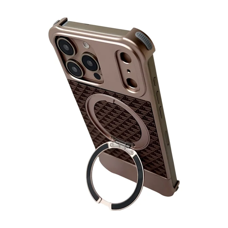For iPhone 15 Pro Max Magnetic Case Kickstand Lens Upgrade Design Metal Carbon Fiber Phone Cover - Gold