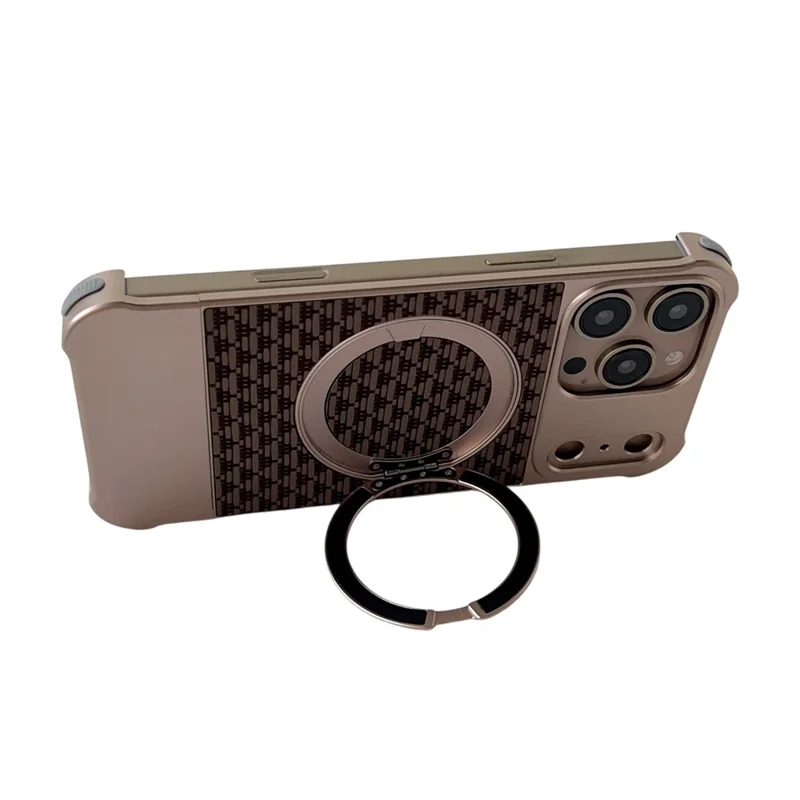 For iPhone 15 Pro Max Magnetic Case Kickstand Lens Upgrade Design Metal Carbon Fiber Phone Cover - Gold