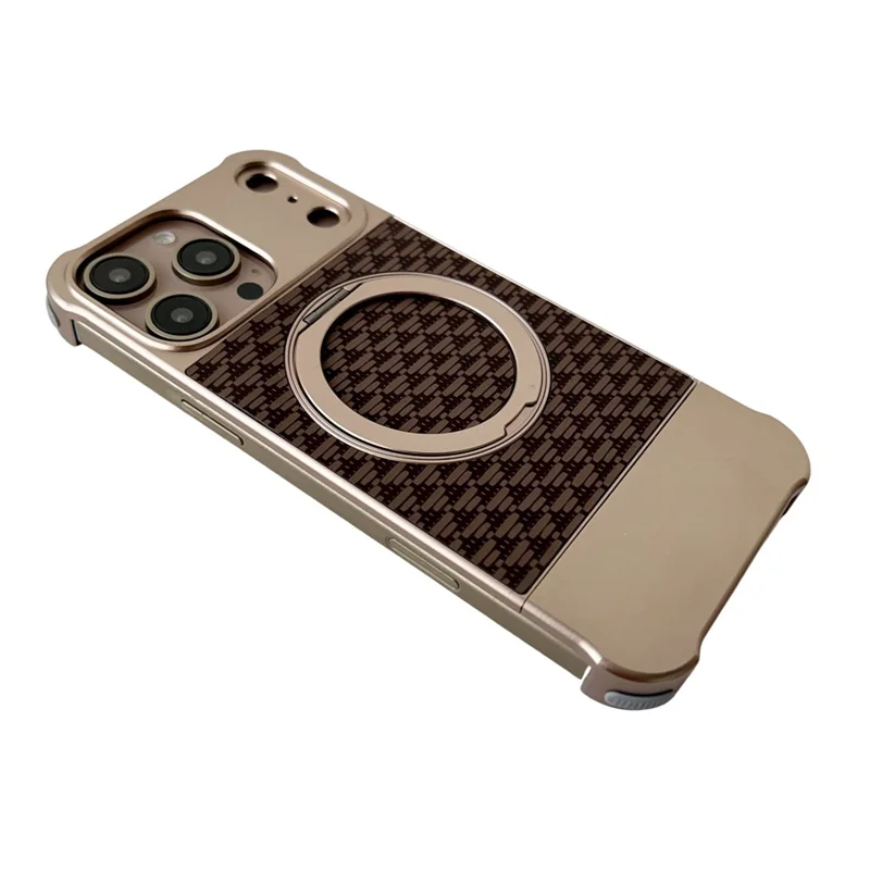 For iPhone 15 Pro Max Magnetic Case Kickstand Lens Upgrade Design Metal Carbon Fiber Phone Cover - Gold